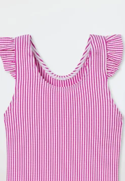 Badeanzug Seersucker Streifen Rüschen fuchsia - Aqua