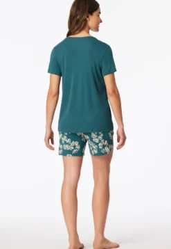 Schlafanzug kurz Interlock Blumen grün - Modern Nightwear