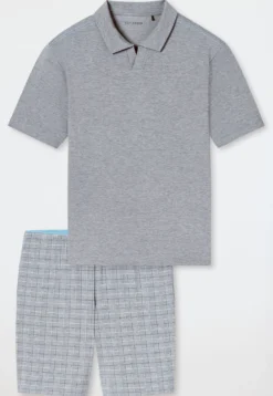 Schlafanzug kurz Jacquard Polokragen admiral kariert - Selected Premium