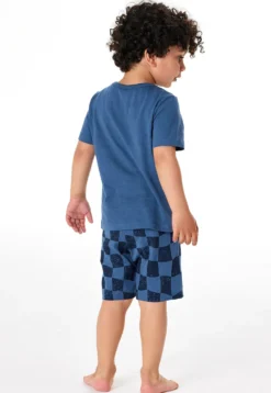 Schlafanzug kurz Skate Karos atlantikblau - Kids Nightwear