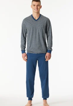 Schlafanzug lang Bündchen atlantikblau gemustert - Comfort Nightwear