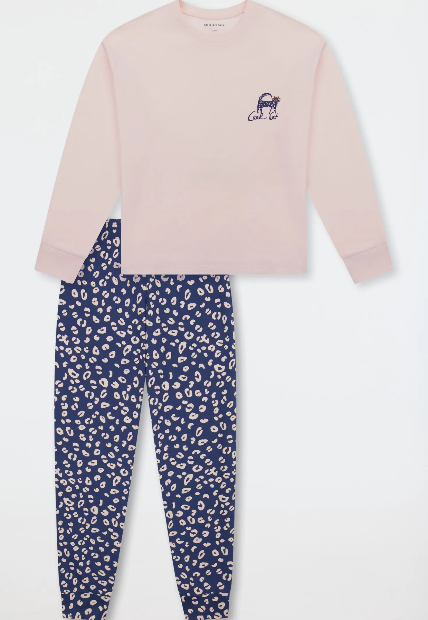 Schlafanzug lang Bündchen Katze Animal Print champagner - Teens Nightwear