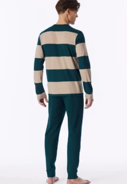 Schlafanzug lang Bündchen Ringel tiefseegrün - Casual Nightwear