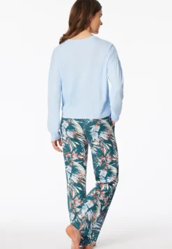 Schlafanzug lang Interlock Palmen hellblau - Modern Nightwear