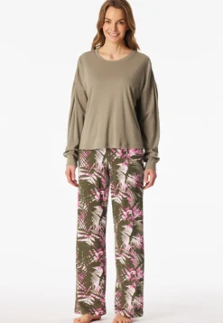 Schlafanzug lang Interlock Palmen jade - Modern Nightwear