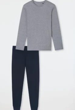 Schlafanzug lang Ringel Bündchen nachtblau - Casual Essentials