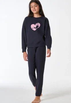Schlafanzug lang Sweatware Bündchen navy - Nightwear