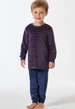 Schlafanzug lang Velour Bündchen Streifen dunkelblau - Boys World
